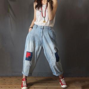 Street Style Red Patchwork Dad Jeans Empire Waist Baggy Jeans