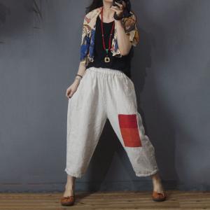 Color Block Wide Leg Trousers Cotton Linen Vintage Comfy Pants