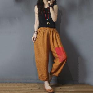 Color Block Wide Leg Trousers Cotton Linen Vintage Comfy Pants