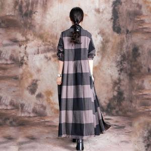 Big Checks Pendant Long Shirt Dress Cotton Linen Oversized Outerwear