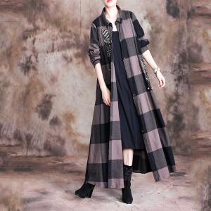 Big Checks Pendant Long Shirt Dress Cotton Linen Oversized Outerwear