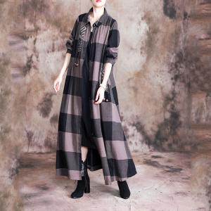 Big Checks Pendant Long Shirt Dress Cotton Linen Oversized Outerwear