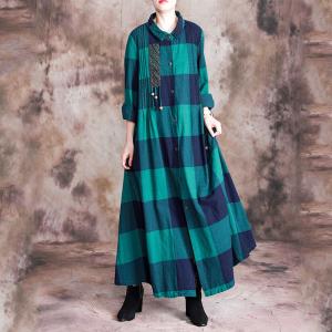 Big Checks Pendant Long Shirt Dress Cotton Linen Oversized Outerwear