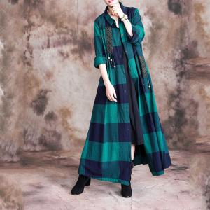 Big Checks Pendant Long Shirt Dress Cotton Linen Oversized Outerwear