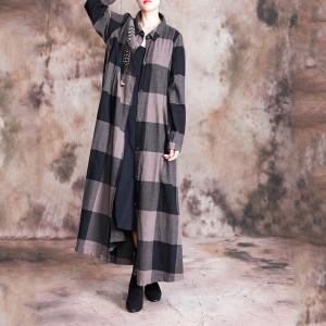 Big Checks Pendant Long Shirt Dress Cotton Linen Oversized Outerwear