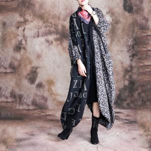 Contras Color Leopard Print Oversized Cardigan Back Slits Letter Overcoat