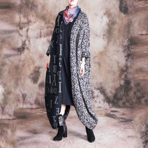 Contras Color Leopard Print Oversized Cardigan Back Slits Letter Overcoat