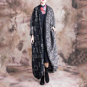 Contras Color Leopard Print Oversized Cardigan Back Slits Letter Overcoat