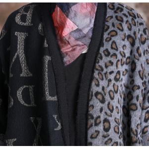 Contras Color Leopard Print Oversized Cardigan Back Slits Letter Overcoat