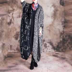 Contras Color Leopard Print Oversized Cardigan Back Slits Letter Overcoat