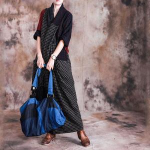 Multi-Colored Designer Plaids Maxi Dress Back Slits Linen Wrap Dress