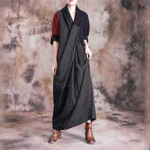 Multi-Colored Designer Plaids Maxi Dress Back Slits Linen Wrap Dress