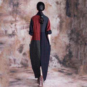 Multi-Colored Designer Plaids Maxi Dress Back Slits Linen Wrap Dress