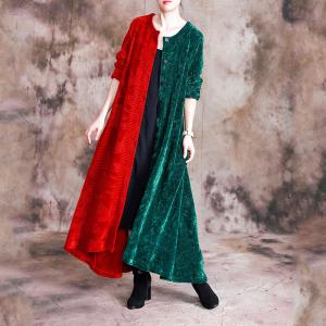 Contrasting Color Crew Neck Overcoat Long Sleeve Elegant Velvet Overcoat