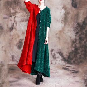 Contrasting Color Crew Neck Overcoat Long Sleeve Elegant Velvet Overcoat