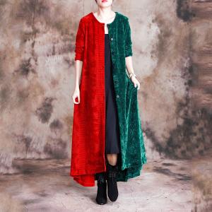 Contrasting Color Crew Neck Overcoat Long Sleeve Elegant Velvet Overcoat