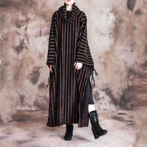 Vertical Striped Turtleneck Dress Plus Size Thigh Slits Dress