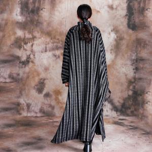 Vertical Striped Turtleneck Dress Plus Size Thigh Slits Dress