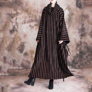 Vertical Striped Turtleneck Dress Plus Size Thigh Slits Dress