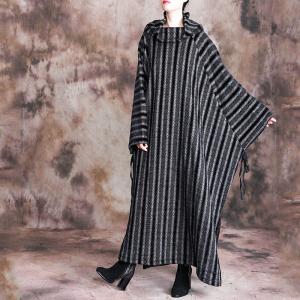 Vertical Striped Turtleneck Dress Plus Size Thigh Slits Dress