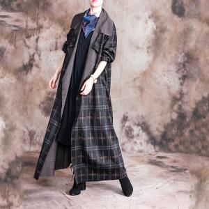 Tailored Collar Long Duster Coat Vintage Checkered Winter Coat