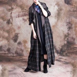 Tailored Collar Long Duster Coat Vintage Checkered Winter Coat