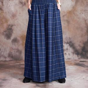 Elastic Waist Wool Plaids Pants Womans Wide Leg Pants