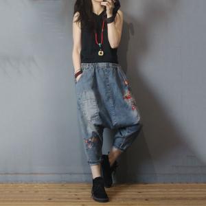 Vintage Rose Embroidered Jeans Fashion Denim Harem Pants