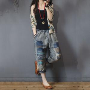 Linear Embroidery Korean Ripped Jeans Baggy Jeans In 90s