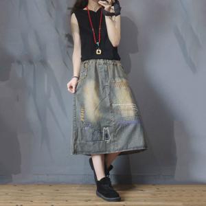 Cat Embroidered A-Line Skirt Ripped Denim Maxi Skirt