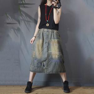 Cat Embroidered A-Line Skirt Ripped Denim Maxi Skirt