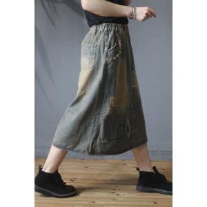 Cat Embroidered A-Line Skirt Ripped Denim Maxi Skirt