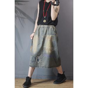 Cat Embroidered A-Line Skirt Ripped Denim Maxi Skirt
