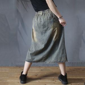 Cat Embroidered A-Line Skirt Ripped Denim Maxi Skirt