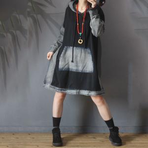 Patch Pockets Hoodie Dress Plus Size Denim Blend Dress