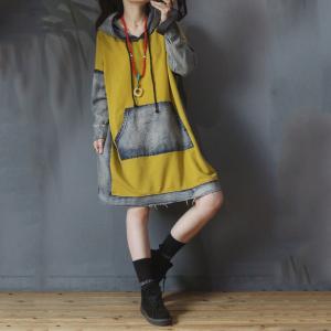 Patch Pockets Hoodie Dress Plus Size Denim Blend Dress