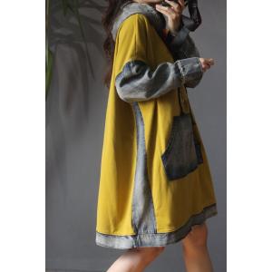 Patch Pockets Hoodie Dress Plus Size Denim Blend Dress