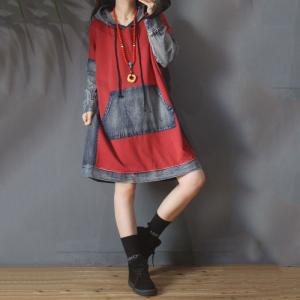 Patch Pockets Hoodie Dress Plus Size Denim Blend Dress