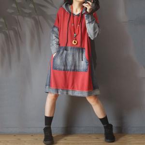 Patch Pockets Hoodie Dress Plus Size Denim Blend Dress