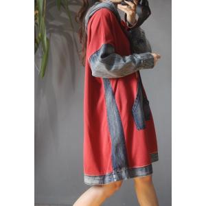 Patch Pockets Hoodie Dress Plus Size Denim Blend Dress