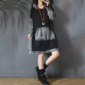 Patch Pockets Hoodie Dress Plus Size Denim Blend Dress