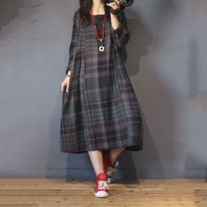 British Style Cotton Linen Dress Long Sleeve Gingham Dress