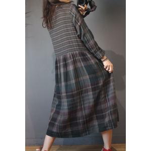 British Style Cotton Linen Dress Long Sleeve Gingham Dress