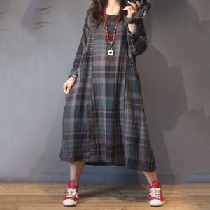 British Style Cotton Linen Dress Long Sleeve Gingham Dress