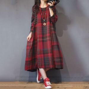 British Style Cotton Linen Dress Long Sleeve Gingham Dress