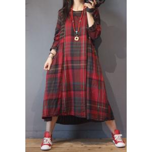 British Style Cotton Linen Dress Long Sleeve Gingham Dress