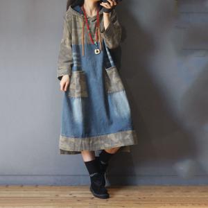 Vintage Style Camouflage Hooded Dress Plus Size Denim Korean Dress