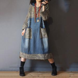 Vintage Style Camouflage Hooded Dress Plus Size Denim Korean Dress
