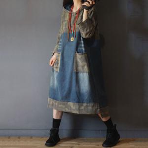 Vintage Style Camouflage Hooded Dress Plus Size Denim Korean Dress