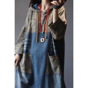 Vintage Style Camouflage Hooded Dress Plus Size Denim Korean Dress